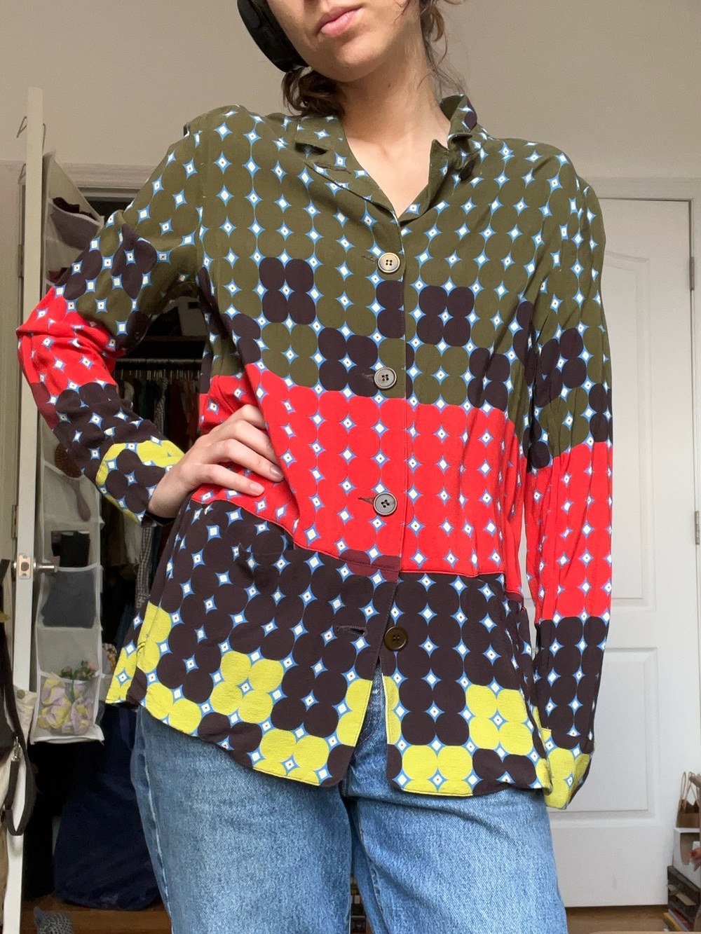 Funky vintage Patterned Button-Up Top Olive, Red & Yellow